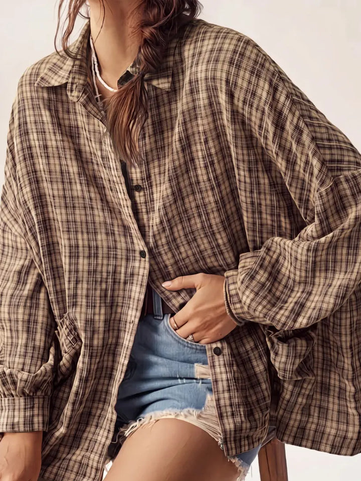 Oversized Plaid Shirt Button Front Chest Pocket Brown 1