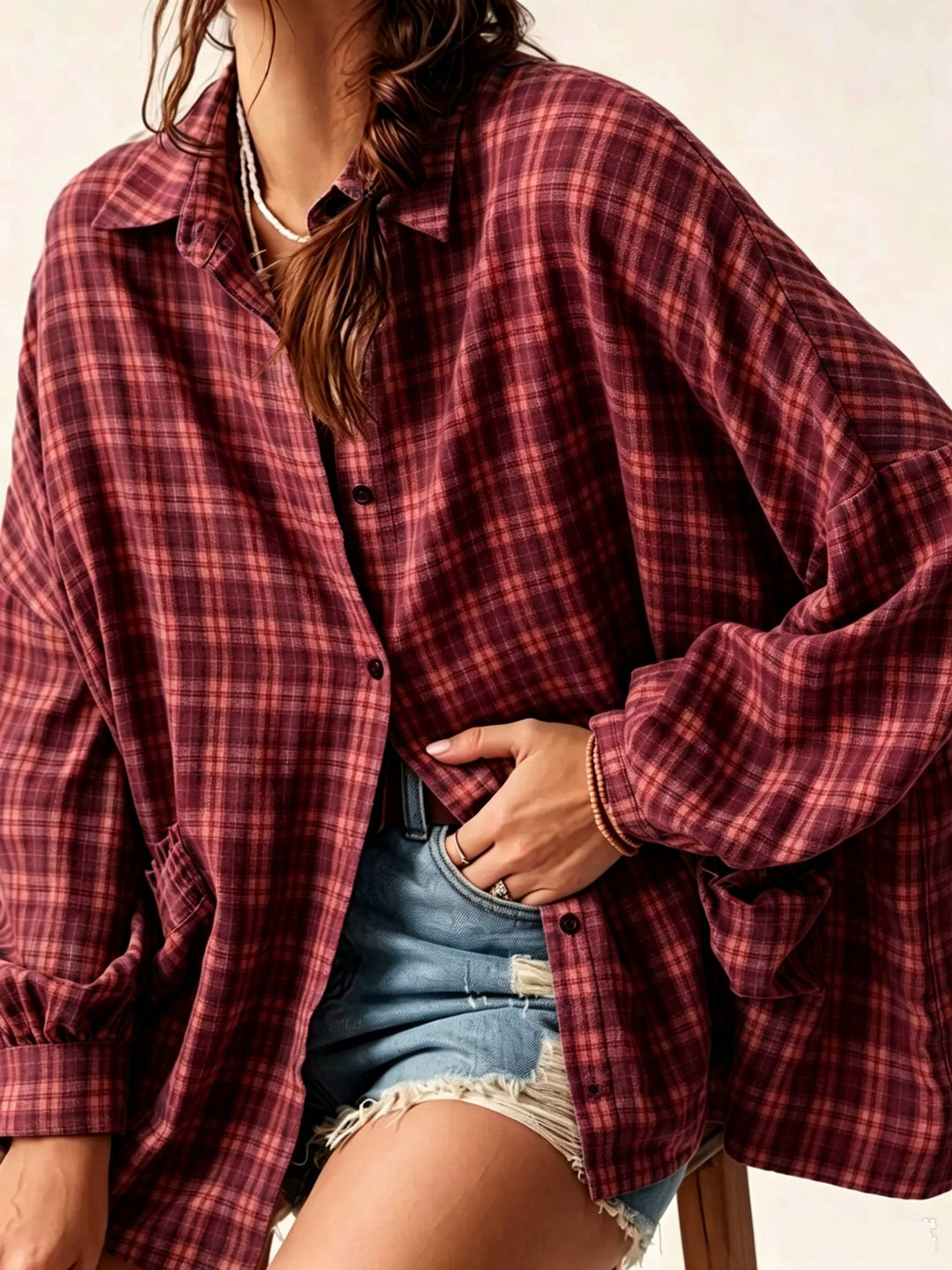 Oversized Plaid Shirt Button Front Chest Pocket Burgundy 1