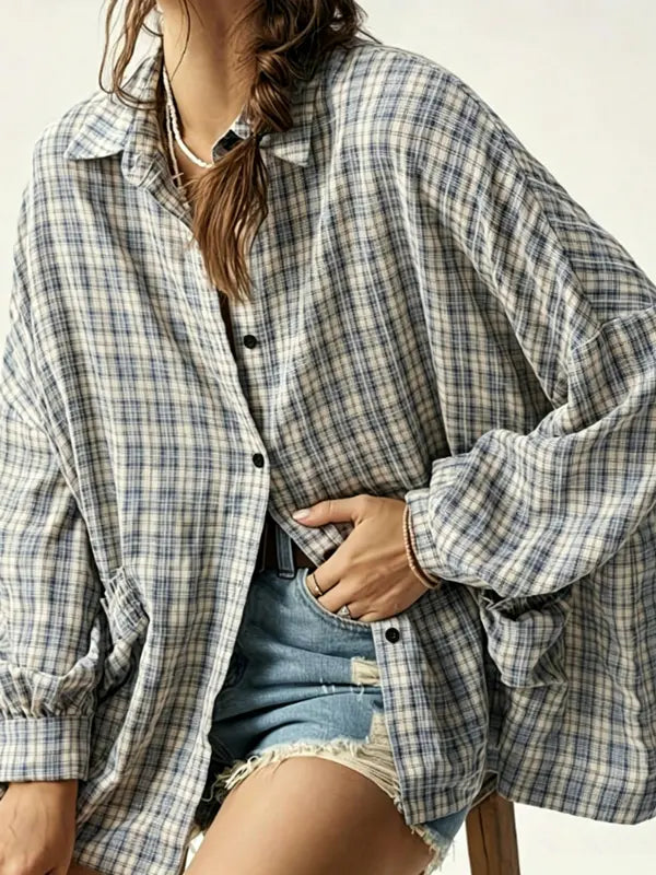 Oversized Plaid Shirt Button Front Chest Pocket Gray Blue 1