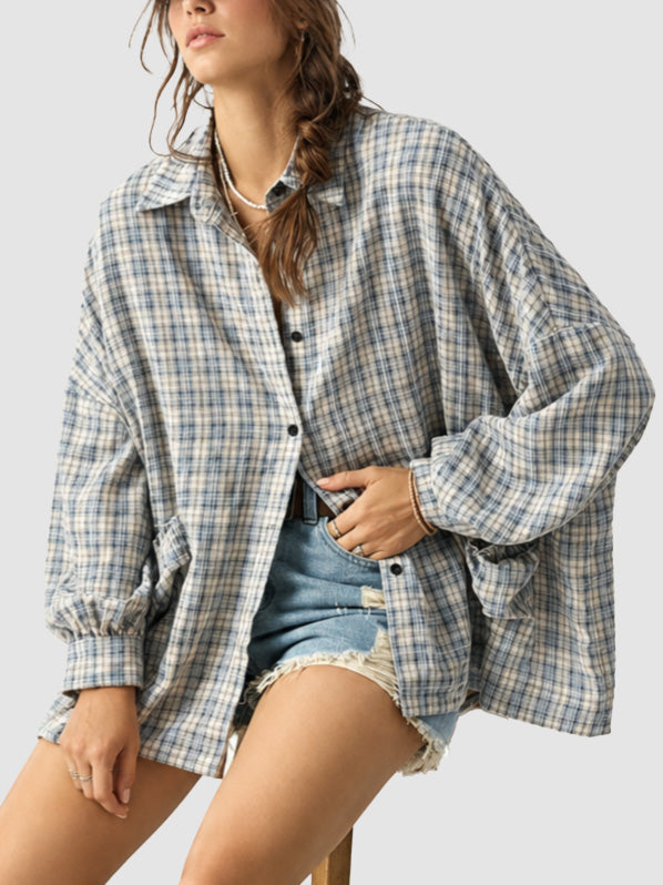 Oversized Plaid Shirt Button Front Chest Pocket Gray Blue 2