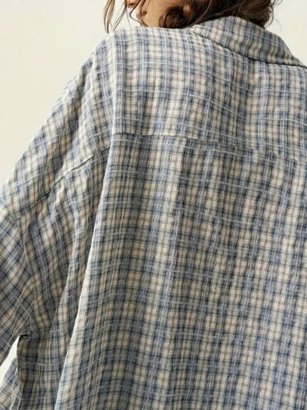 Oversized Plaid Shirt Button Front Chest Pocket Gray Blue 3