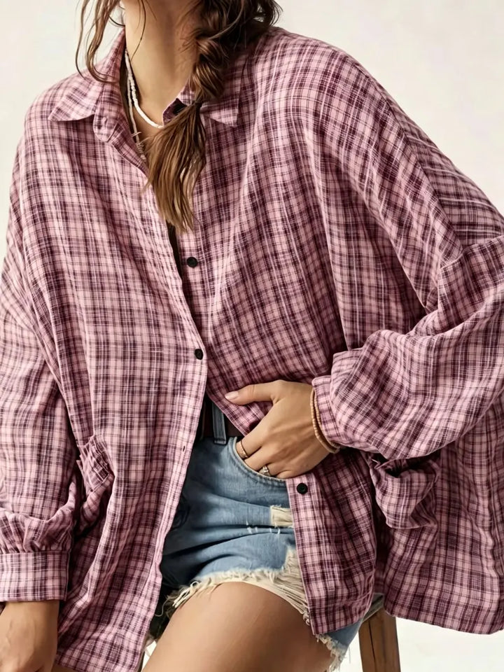 Oversized Plaid Shirt Button Front Chest Pocket Pink 1