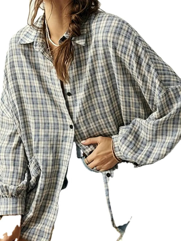 Oversized Plaid Shirt Button Front Chest Pocket on white