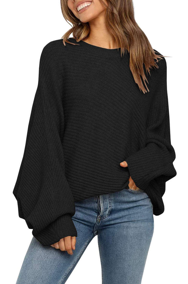 Oversized Ribbed Knit Sweater Batwing Sleeve Black 1