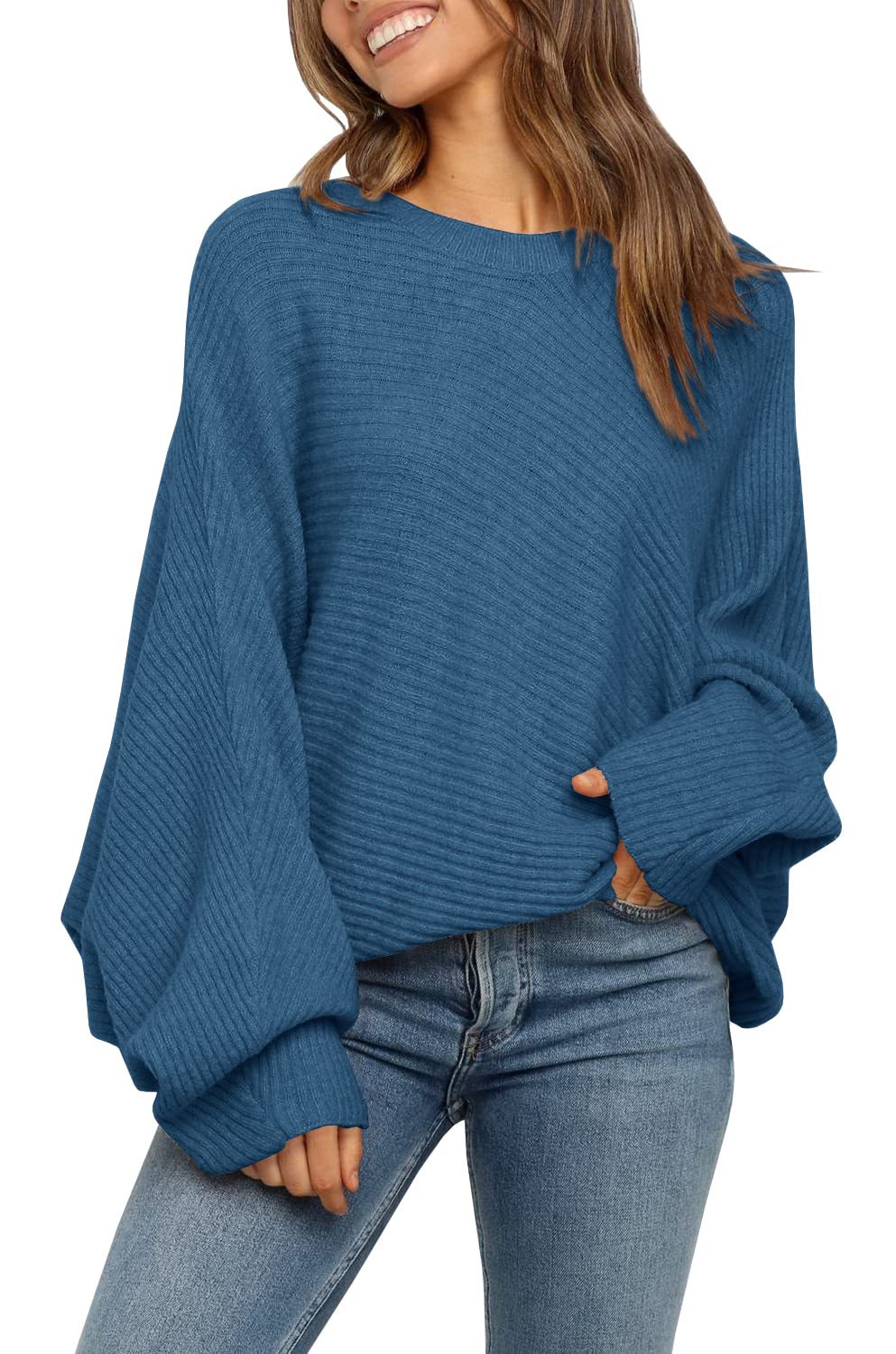 Oversized Ribbed Knit Sweater Batwing Sleeve Blue 1