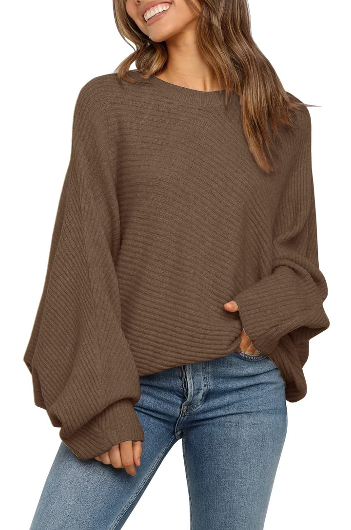 Oversized Ribbed Knit Sweater Batwing Sleeve Brown 1