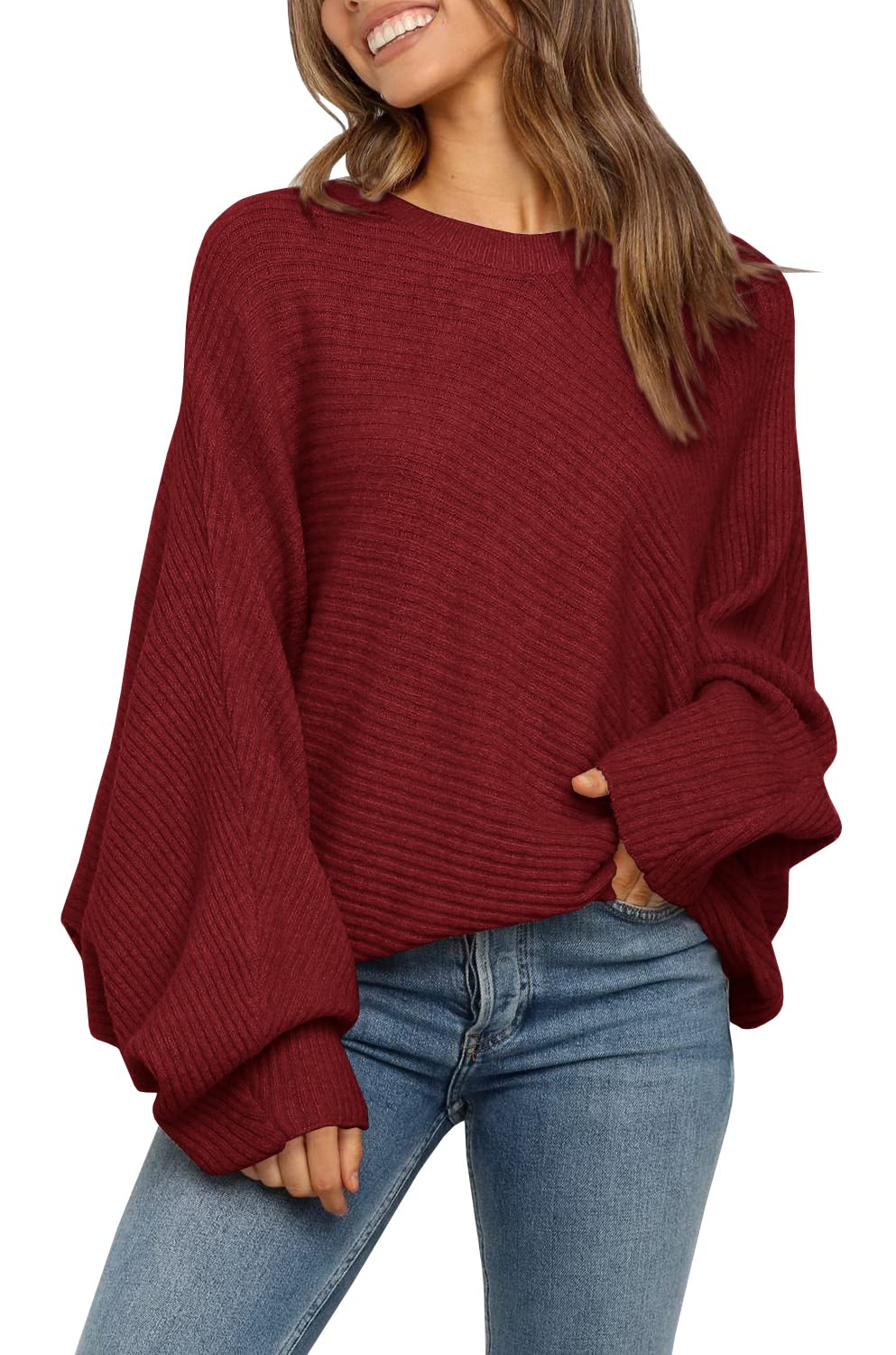Oversized Ribbed Knit Sweater Batwing Sleeve Burgundy 1