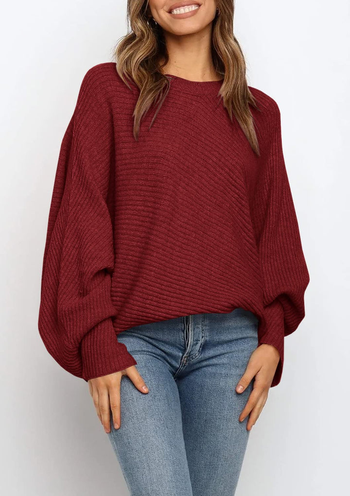 Oversized Ribbed Knit Sweater Batwing Sleeve Burgundy 2