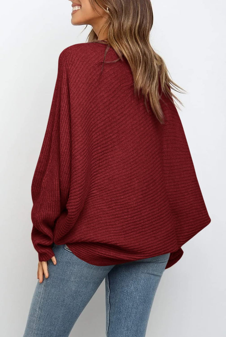 Oversized Ribbed Knit Sweater Batwing Sleeve Burgundy 3