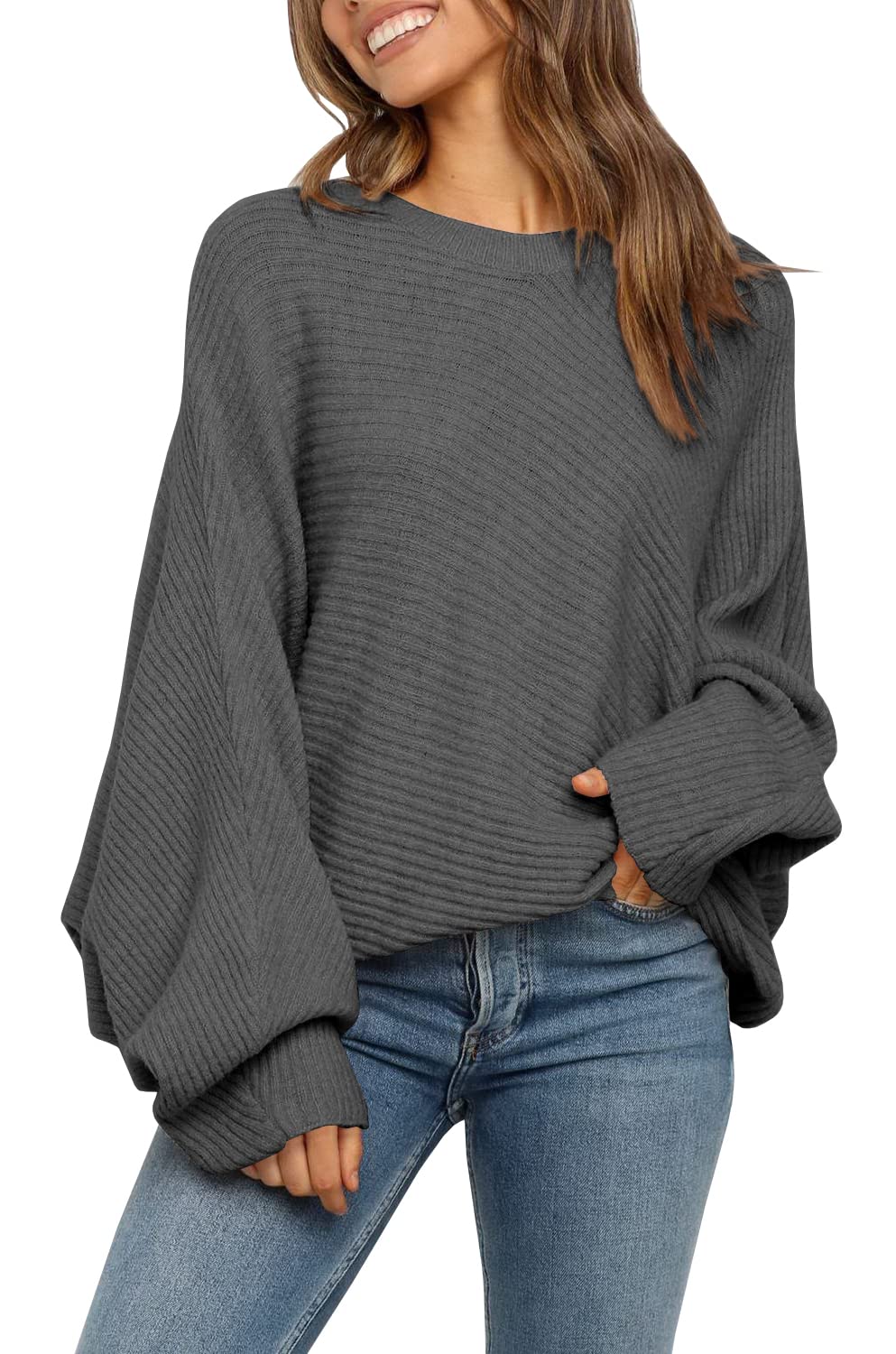 Oversized Ribbed Knit Sweater Batwing Sleeve Dark Gray 1