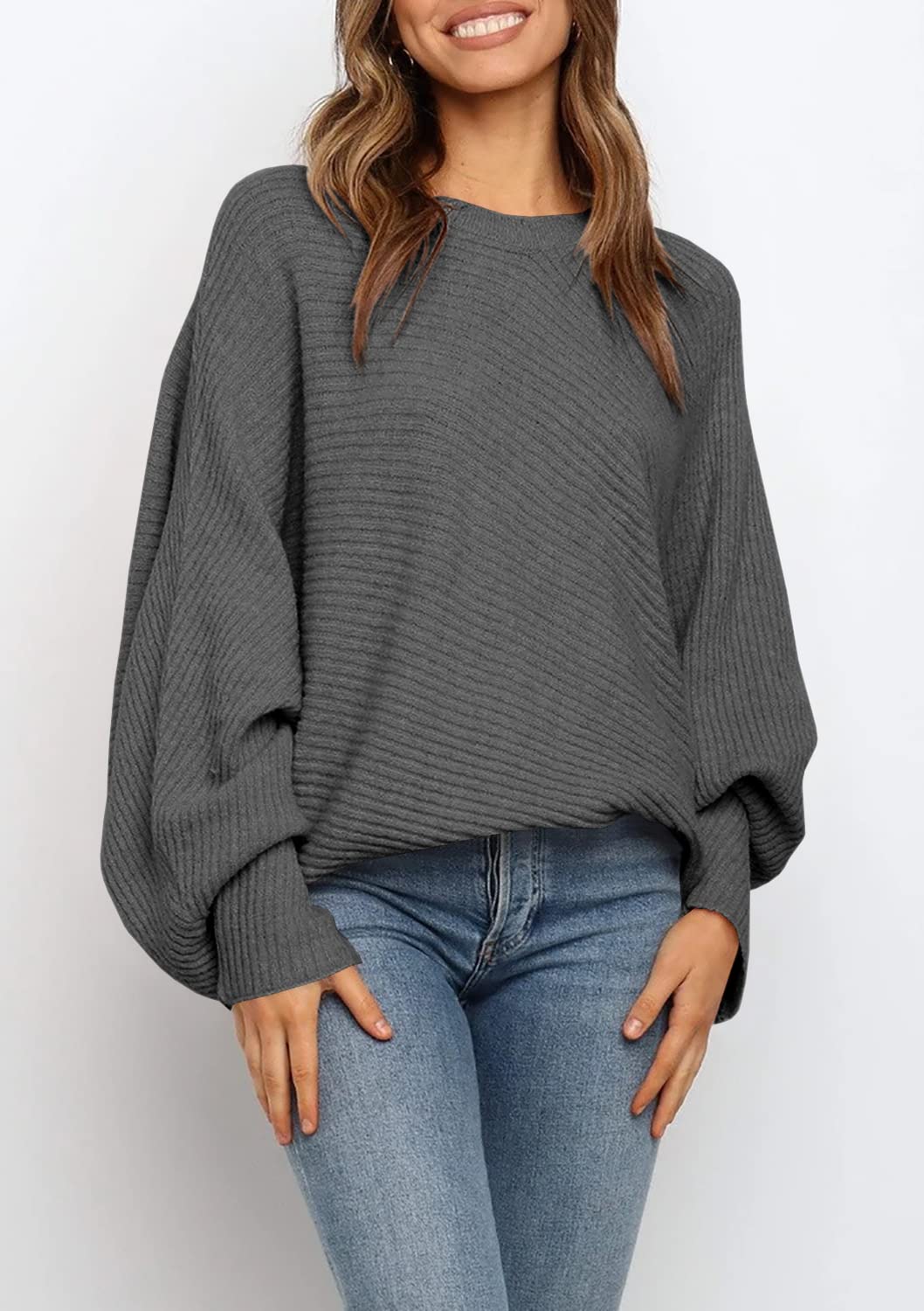 Oversized Ribbed Knit Sweater Batwing Sleeve Dark Gray 2