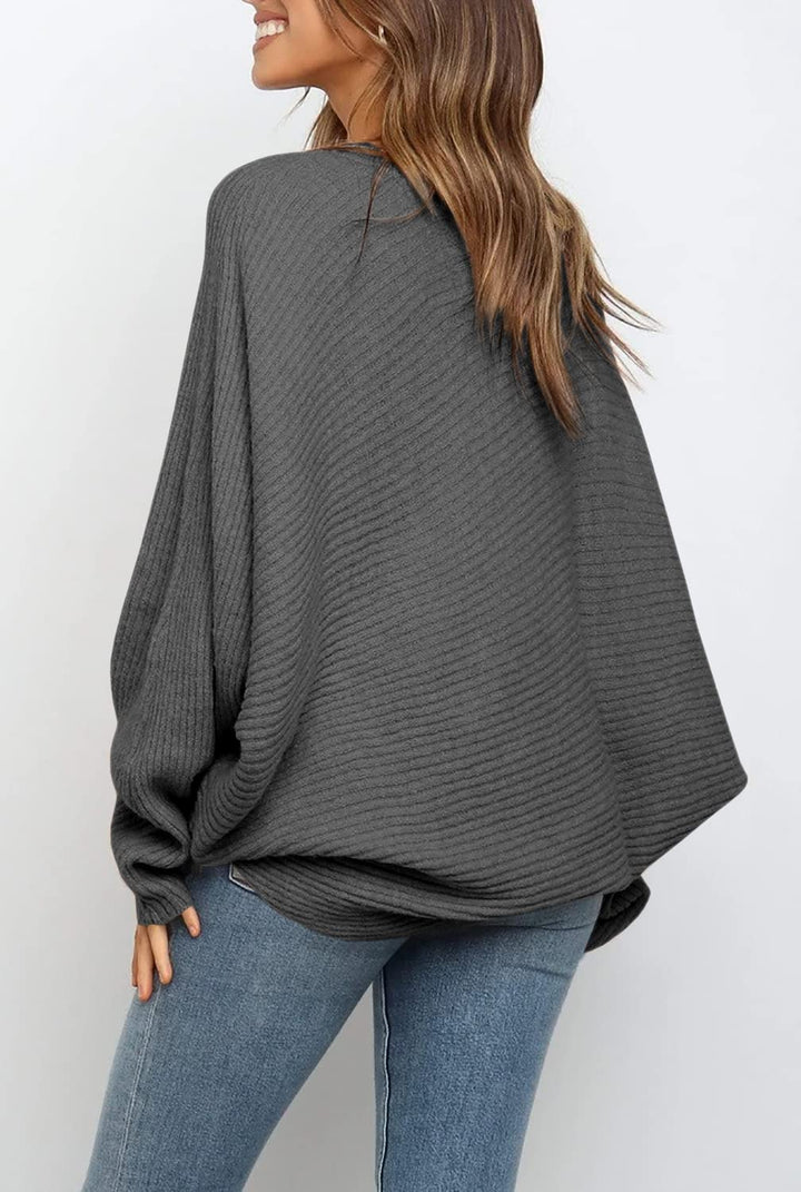 Oversized Ribbed Knit Sweater Batwing Sleeve Dark Gray 3
