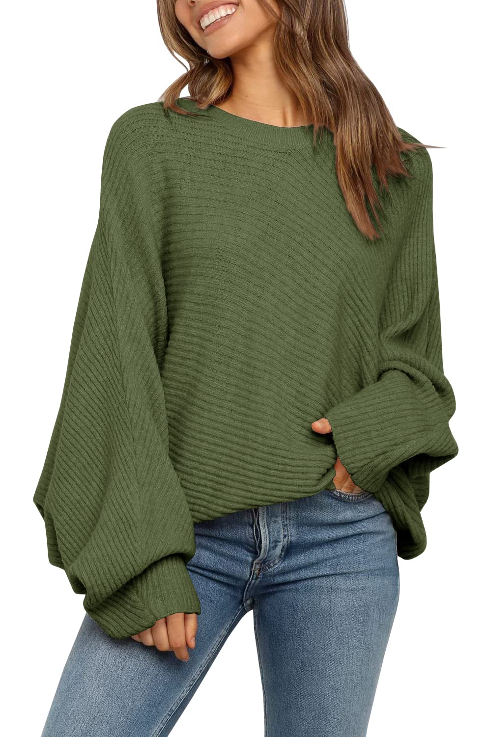 Oversized Ribbed Knit Sweater Batwing Sleeve Olive Green 1