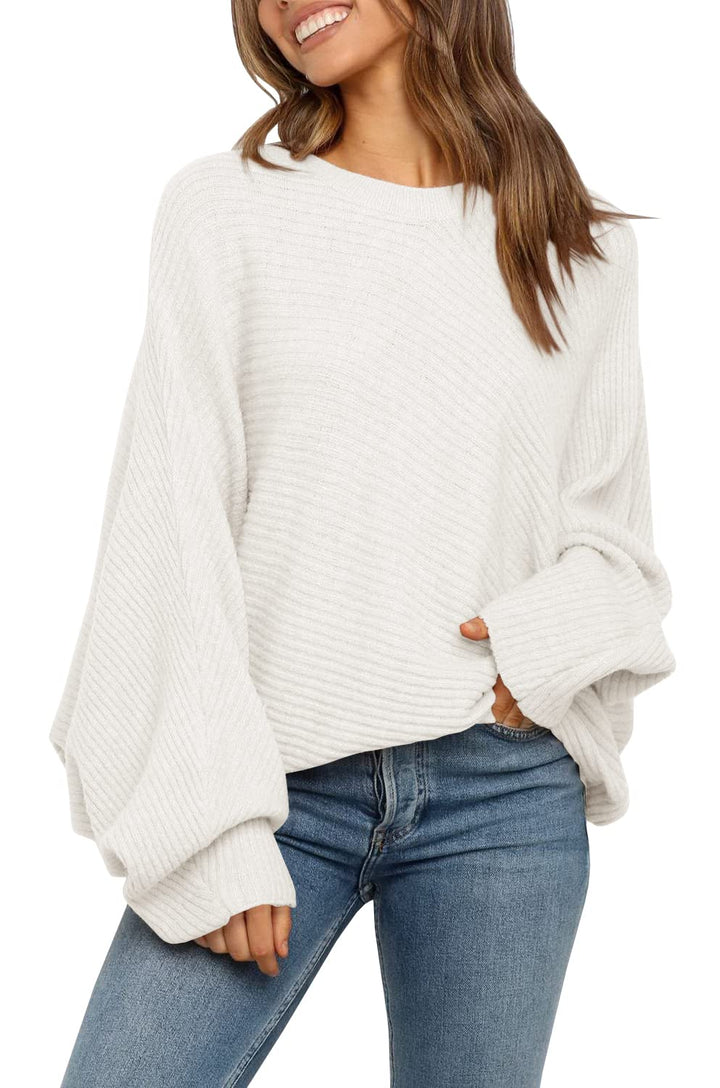 Oversized Ribbed Knit Sweater Batwing Sleeve White 1