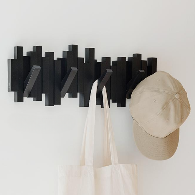 Piano Key Wall Coat Rack with 5 Flip Hooks No Drill 16 Inch Black 1