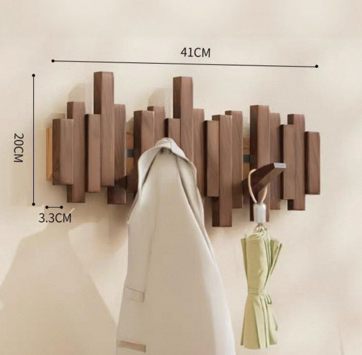 Piano Key Wall Coat Rack with 5 Flip Hooks No Drill 16 Inch Brown Wood 1