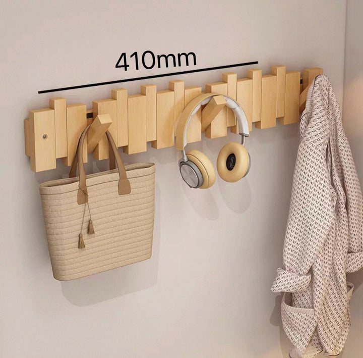 Piano Key Wall Coat Rack with 5 Flip Hooks No Drill 16 Inch Natural Wood 1