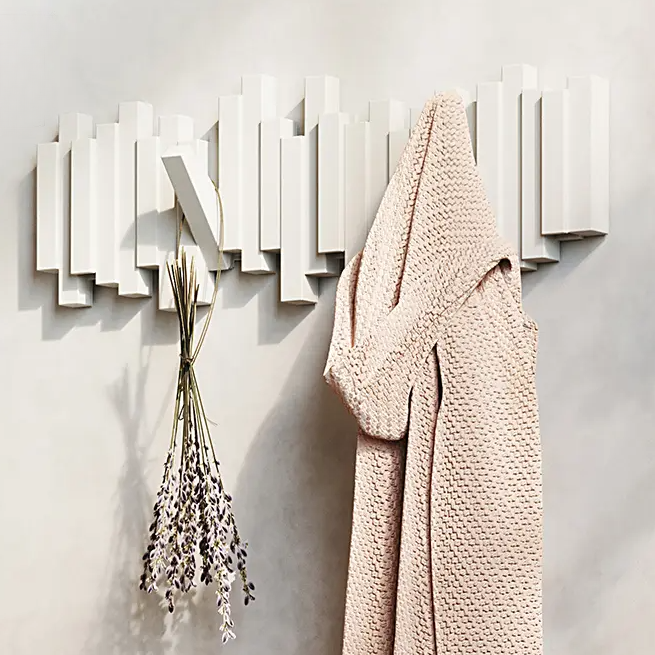 Piano Key Wall Coat Rack with 5 Flip Hooks No Drill 16 Inch White 1