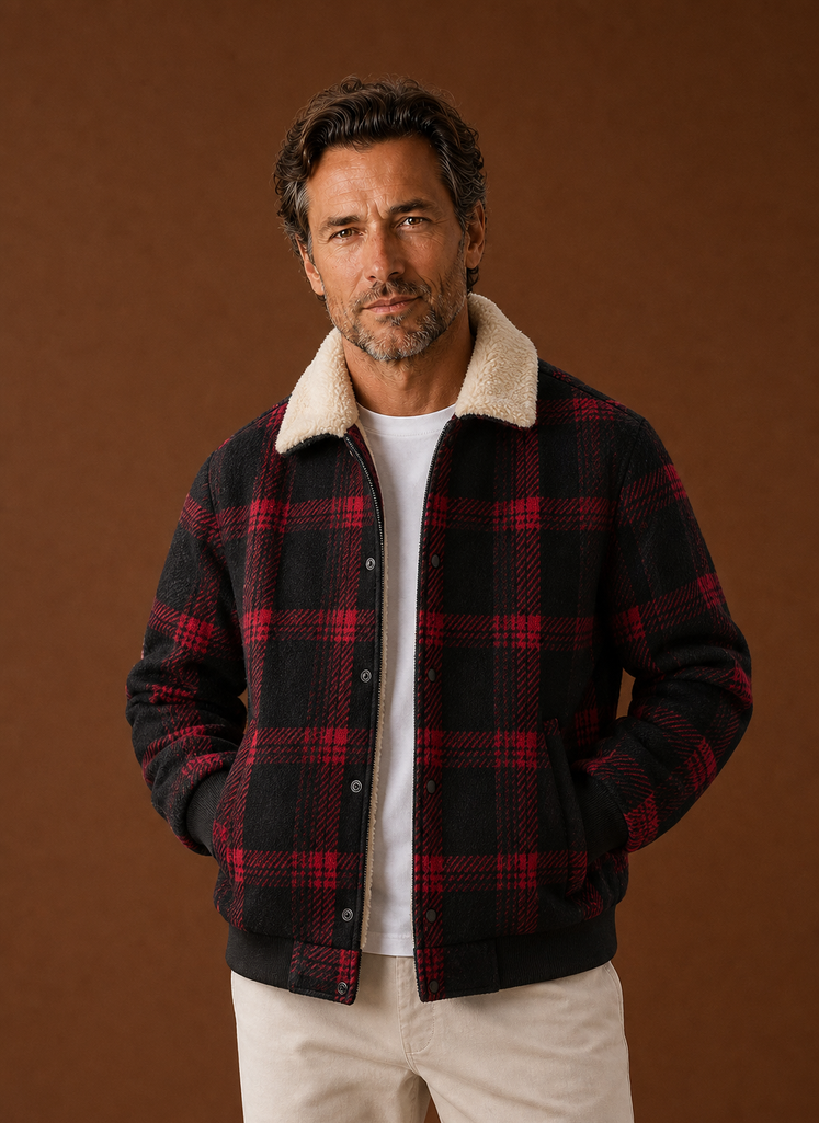 Plaid Bomber Jacket with Sherpa Collar Red Plaid 1
