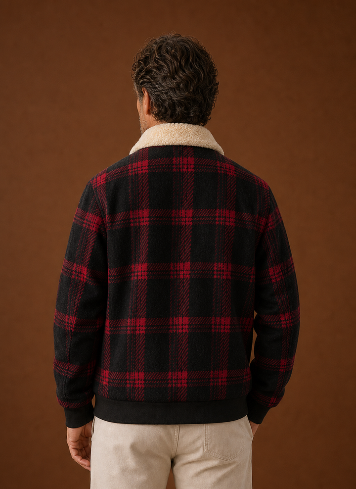 Plaid Bomber Jacket with Sherpa Collar Red Plaid 2