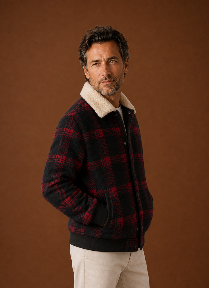 Plaid Bomber Jacket with Sherpa Collar Red Plaid 3
