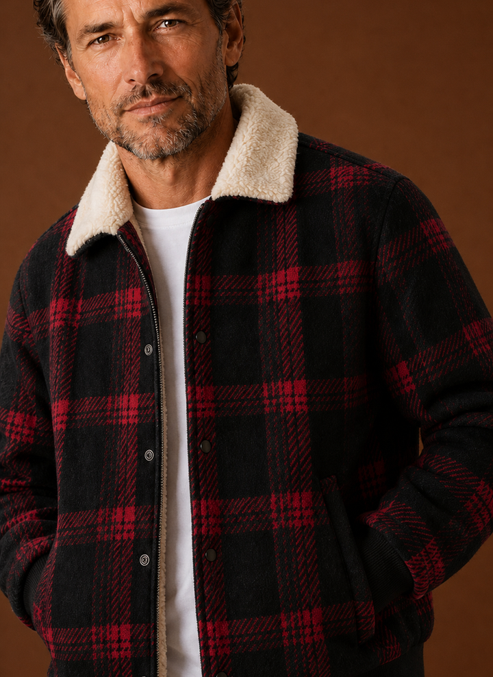 Plaid Bomber Jacket with Sherpa Collar Red Plaid 4