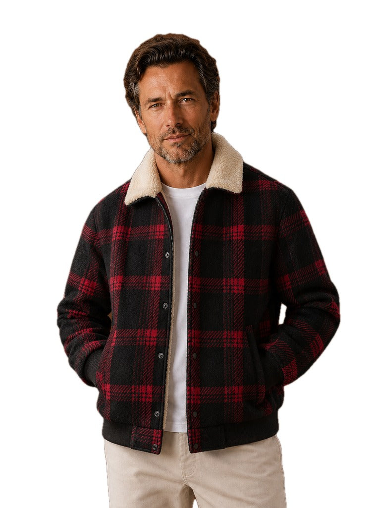 Plaid Bomber Jacket with Sherpa Collar on white