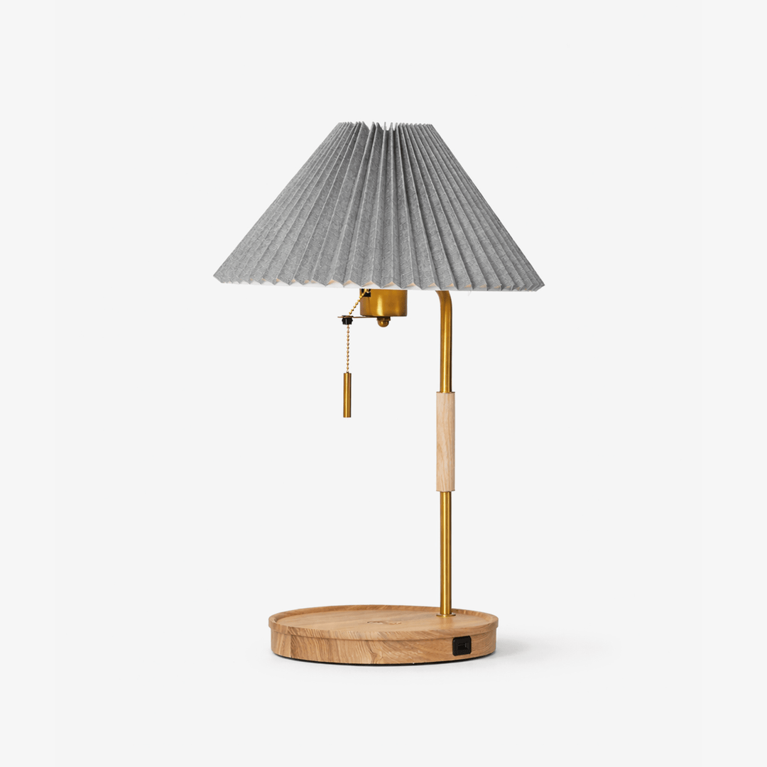 Pleated Fabric Table Lamp Wood Base Brass Stem 20.4 in 1