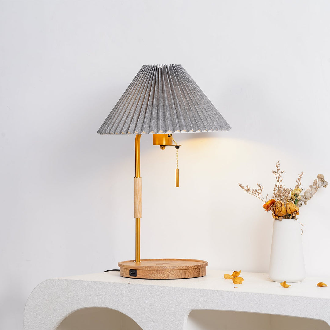 Pleated Fabric Table Lamp Wood Base Brass Stem 20.4 in 2