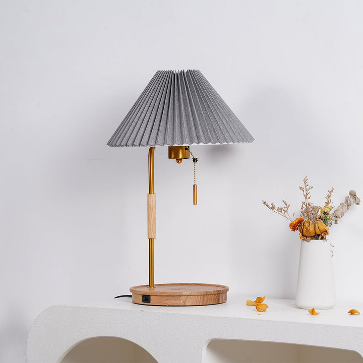 Pleated Fabric Table Lamp Wood Base Brass Stem 20.4 in 3