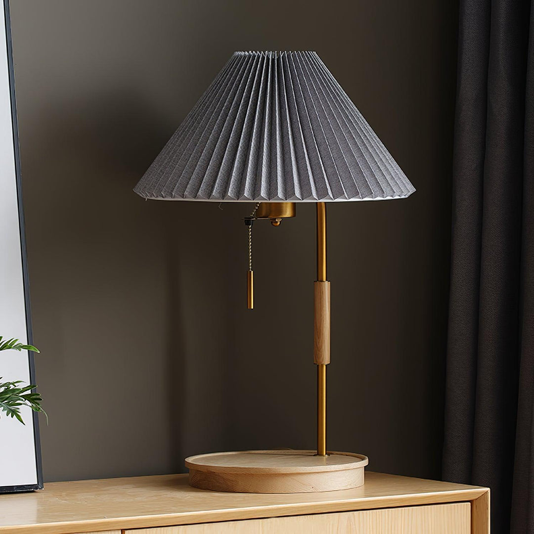 Pleated Fabric Table Lamp Wood Base Brass Stem 20.4 in 4