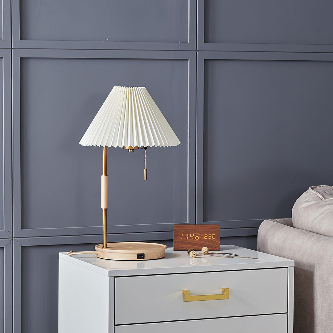 Pleated Fabric Table Lamp Wood Base Brass Stem 20.4 in 5