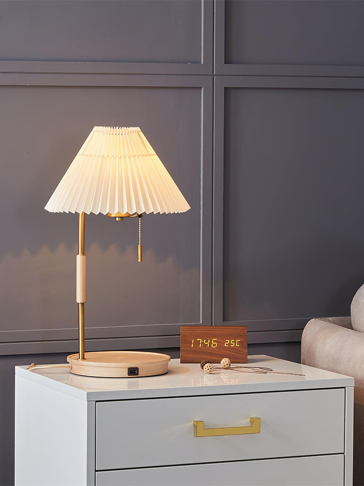 Pleated Fabric Table Lamp Wood Base Brass Stem 20.4 in 6