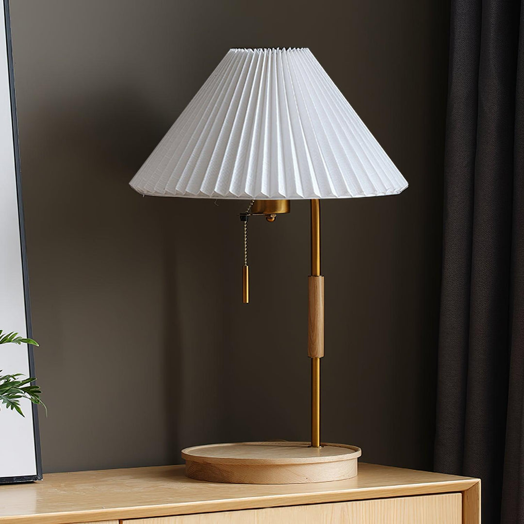 Pleated Fabric Table Lamp Wood Base Brass Stem 20.4 in Wood & Beige 1