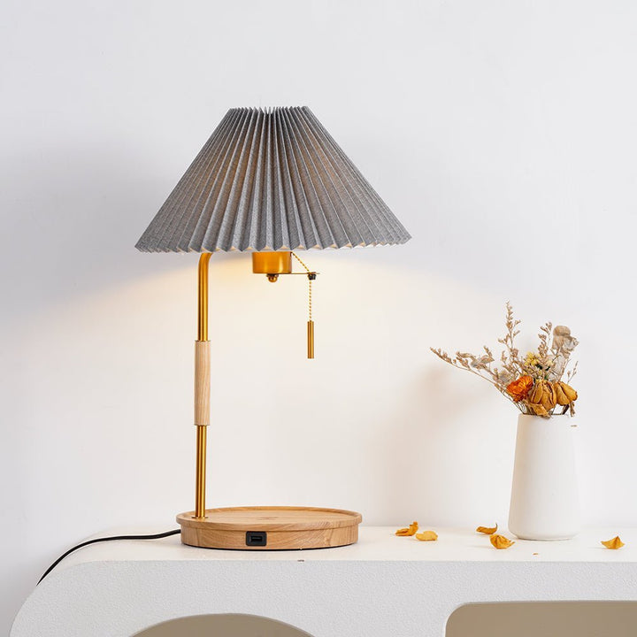 Pleated Fabric Table Lamp Wood Base Brass Stem 20.4 in Wood & Gray 1