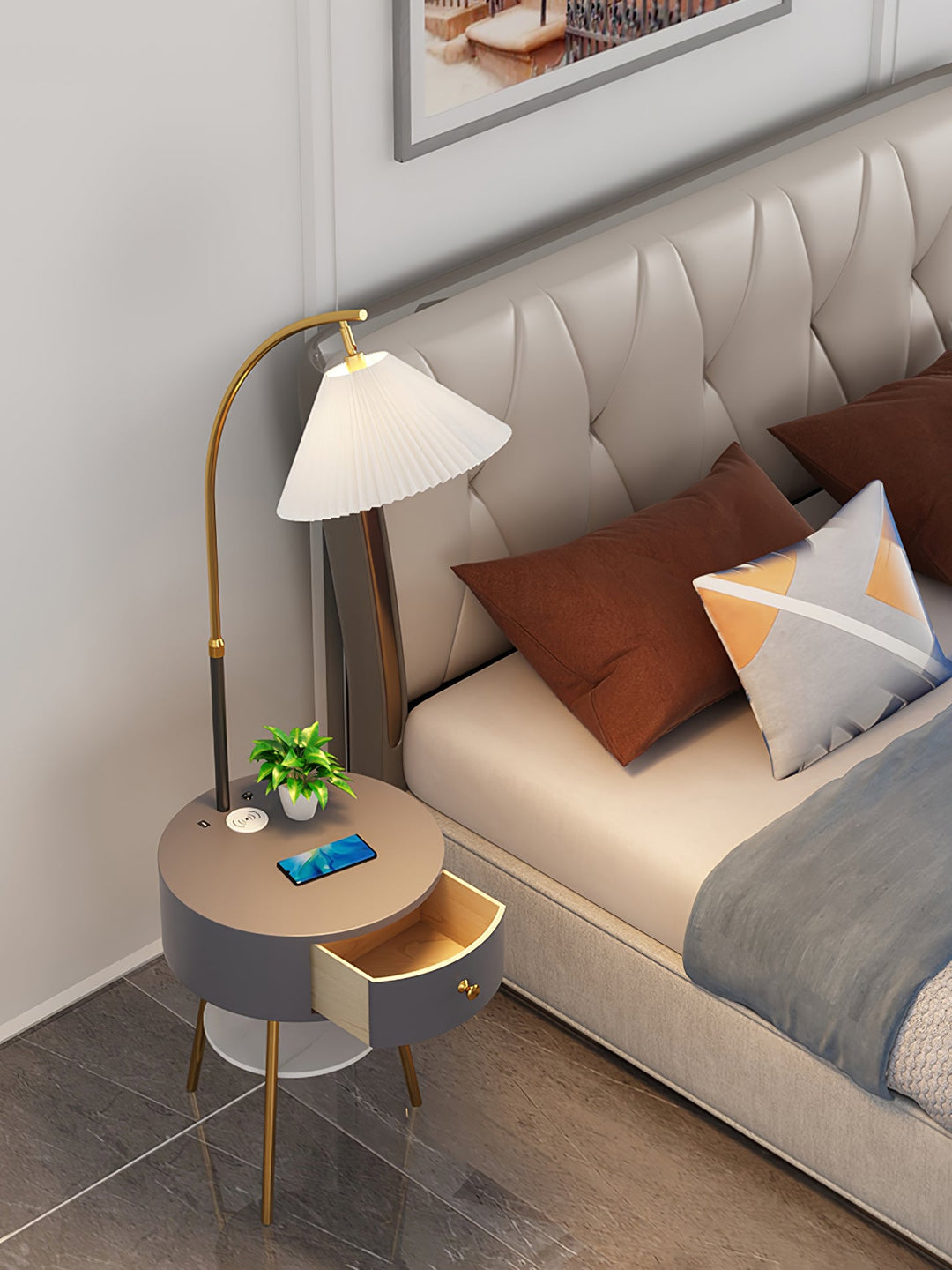 Pleated Shade Arc Floor Lamp with Side Table 65 in Set of 2 4