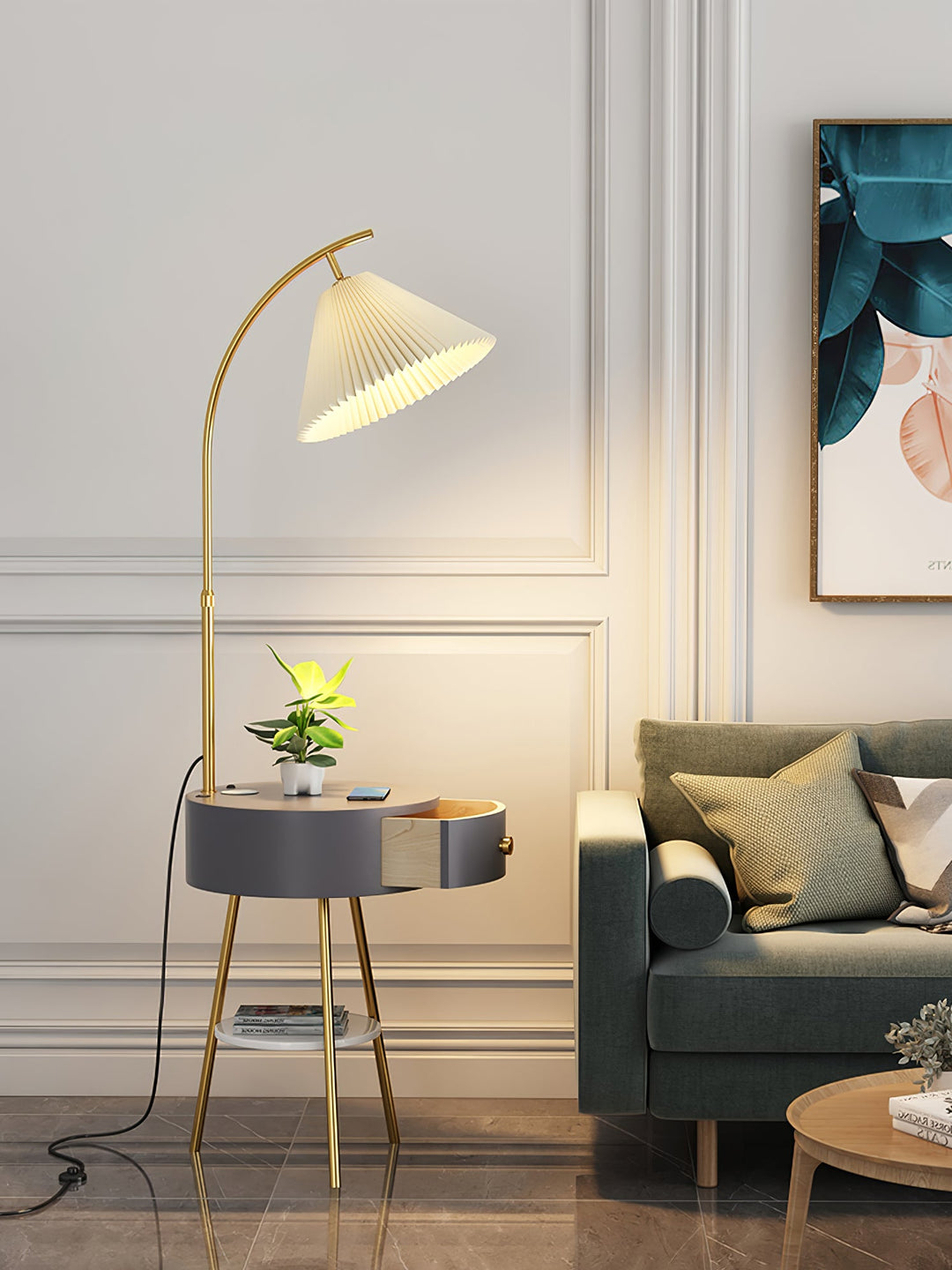 Pleated Shade Arc Floor Lamp with Side Table 65 in Set of 2 5