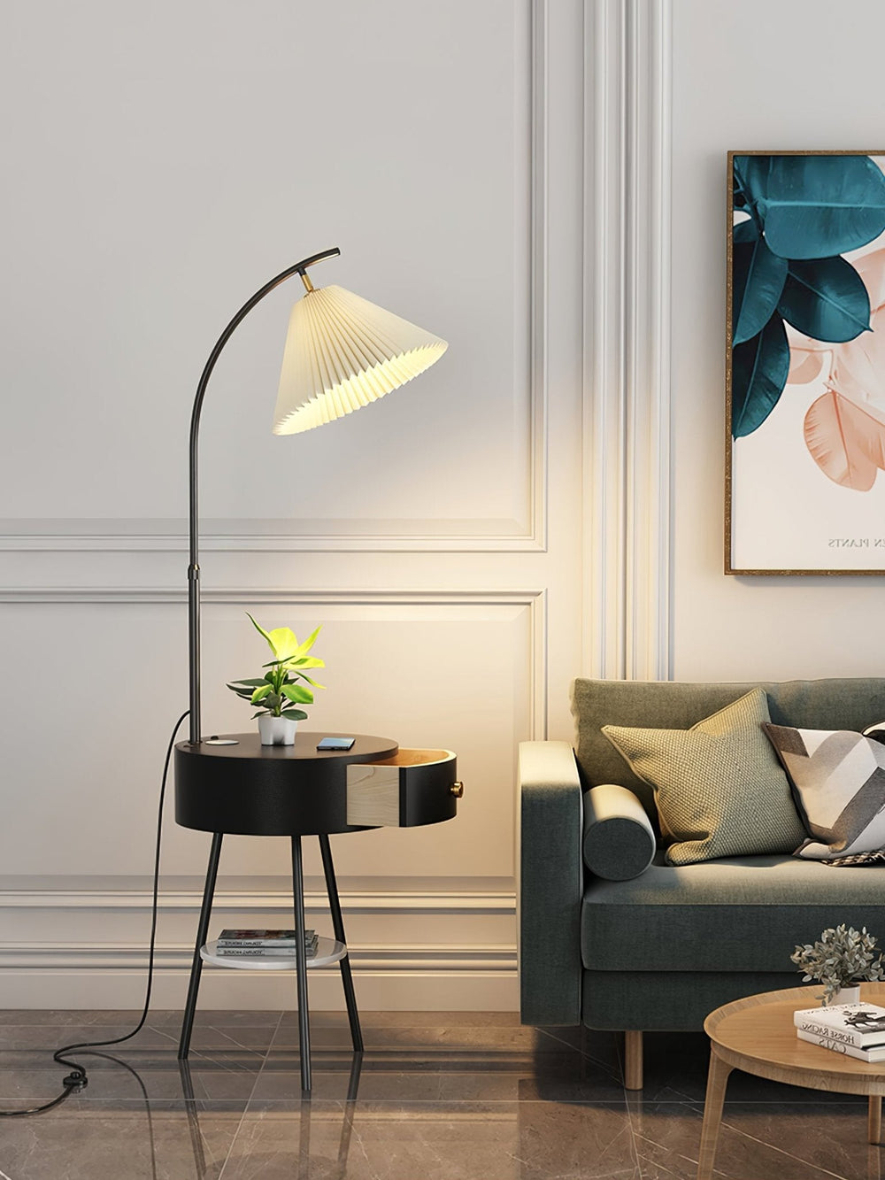 Pleated Shade Arc Floor Lamp with Side Table 65 in Set of 2 Black 1