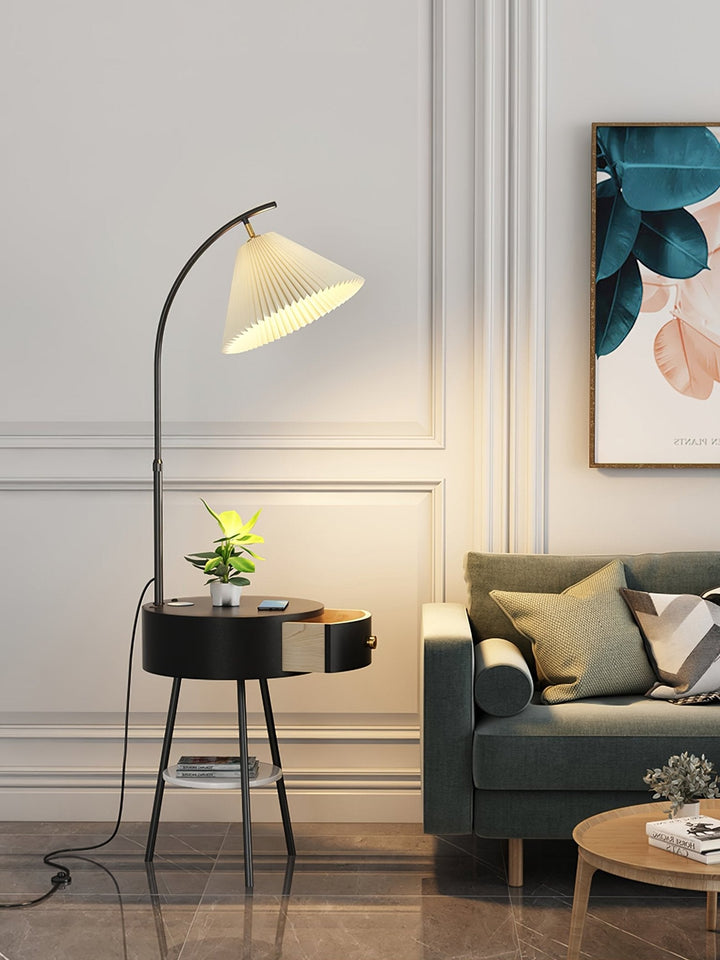 Pleated Shade Arc Floor Lamp with Side Table 65 in Set of 2 Black 1