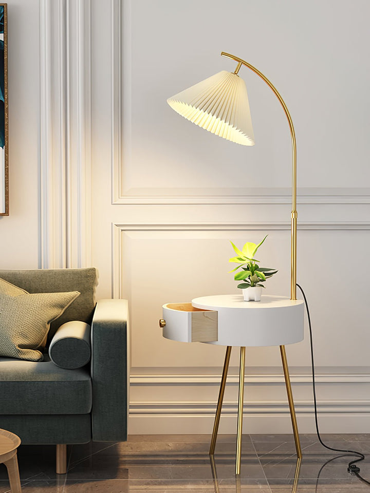 Pleated Shade Arc Floor Lamp with Side Table 65 in Set of 2 White 1