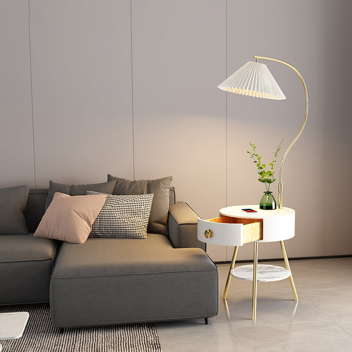 Pleated Shade Floor Lamp with Round Nightstand 66.9 in Set of 3 2
