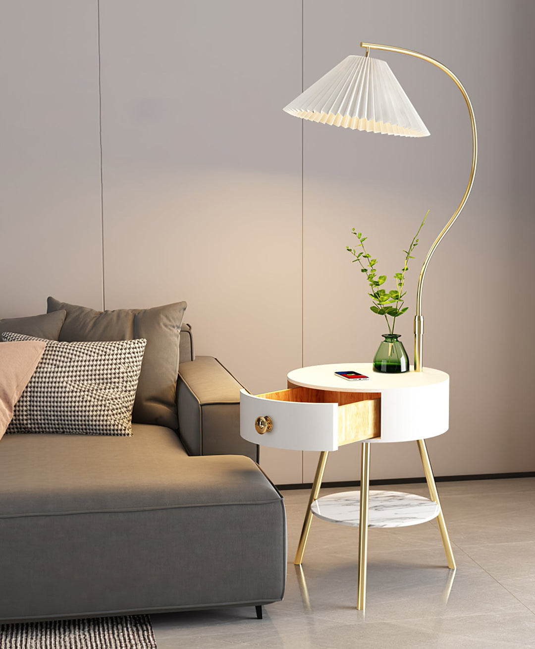 Pleated Shade Floor Lamp with Round Nightstand 66.9 in Set of 3 3