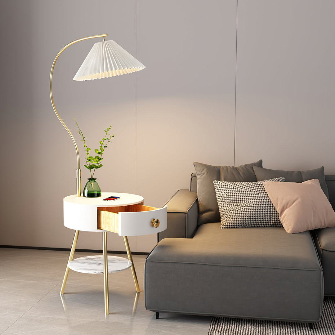 Pleated Shade Floor Lamp with Round Nightstand 66.9 in Set of 3 4