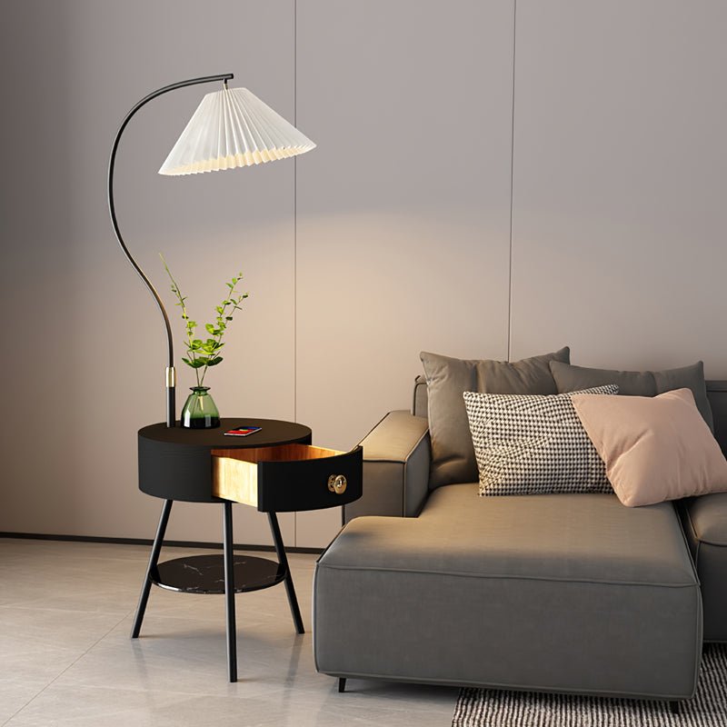 Pleated Shade Floor Lamp with Round Nightstand 66.9 in Set of 3 Black 1