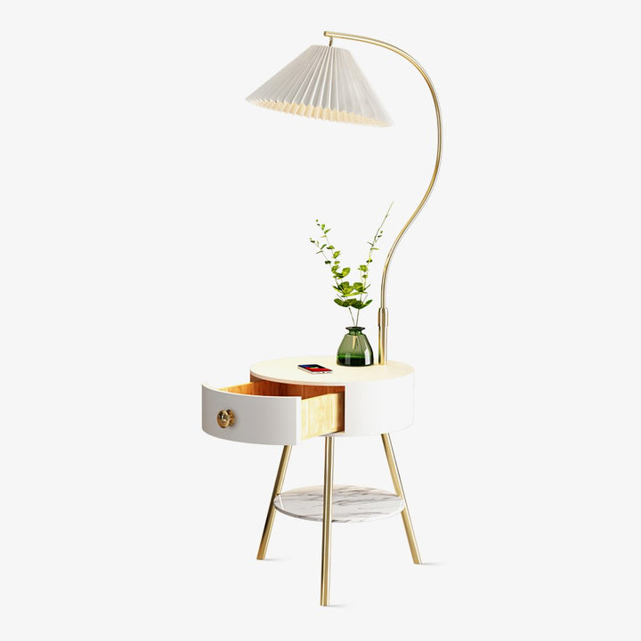 Pleated Shade Floor Lamp with Round Nightstand 66.9 in Set of 3 White 1