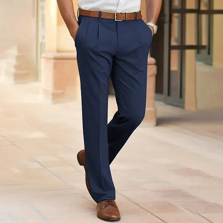 Pleated Straight Leg Dress Pants Dark Blue 1