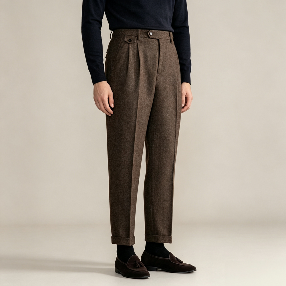 Pleated Wide Leg Textured Pants Brown 1