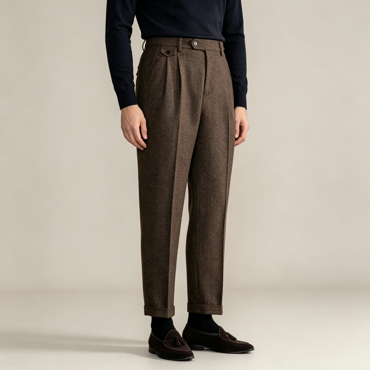 Pleated Wide Leg Textured Pants Brown 1