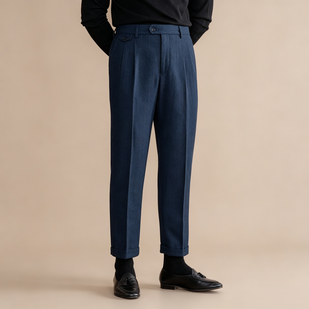 Pleated Wide Leg Textured Pants Navy 1