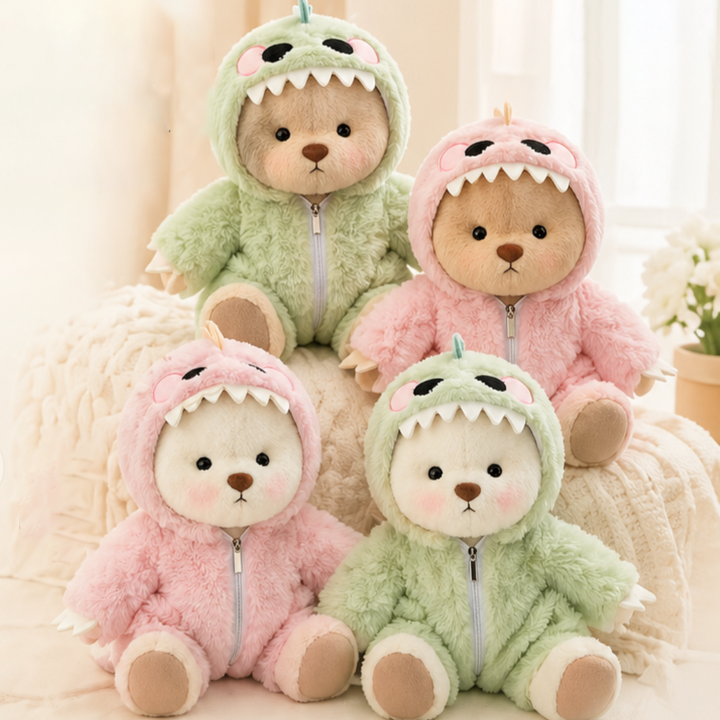 Plush Bear in Dinosaur Suit Stuffed Toy Set of 3 1